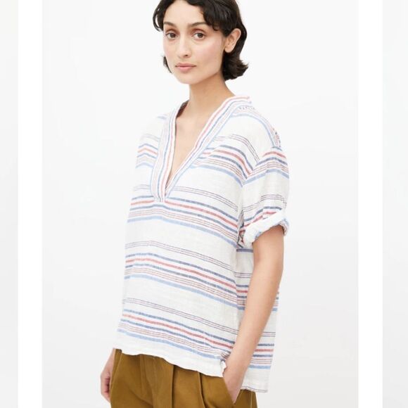 Xirena 100% Cotton Gauze Red and White Striped Coastal V Neck Boxy Top Size XS - Picture 1 of 9